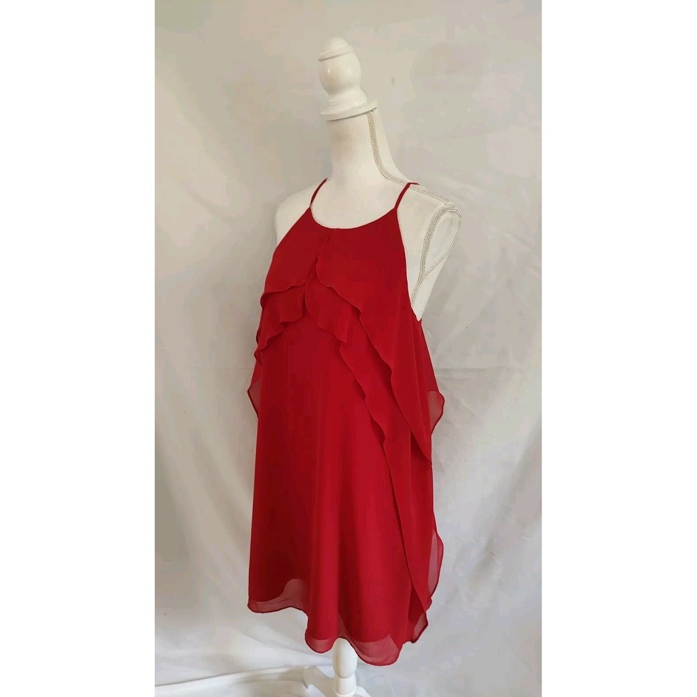 BCBGeneration Dress Party Cocktail Sexy Red Chiffon Open Back Ruffle Layers Sz S
